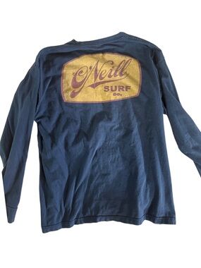 Men’s O'Neill Navy Long Sleeve Tee with Gold Surf graphic front back cotton sz L